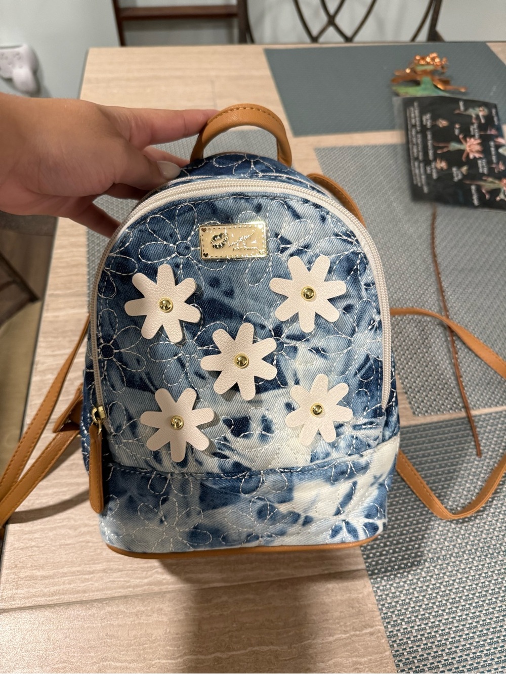 Betsey Johnson Blue Tie-Dye Floral Mini Backpack with Tan Trim